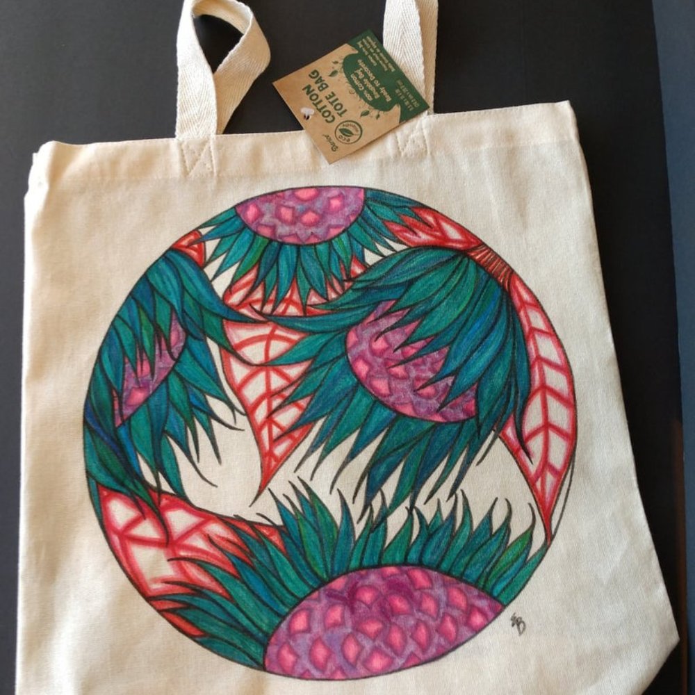 Handmade Reusable Tote Bag with Hand Drawn Green Sunflowers with Red Leaves NWT - Picture 4 of 16